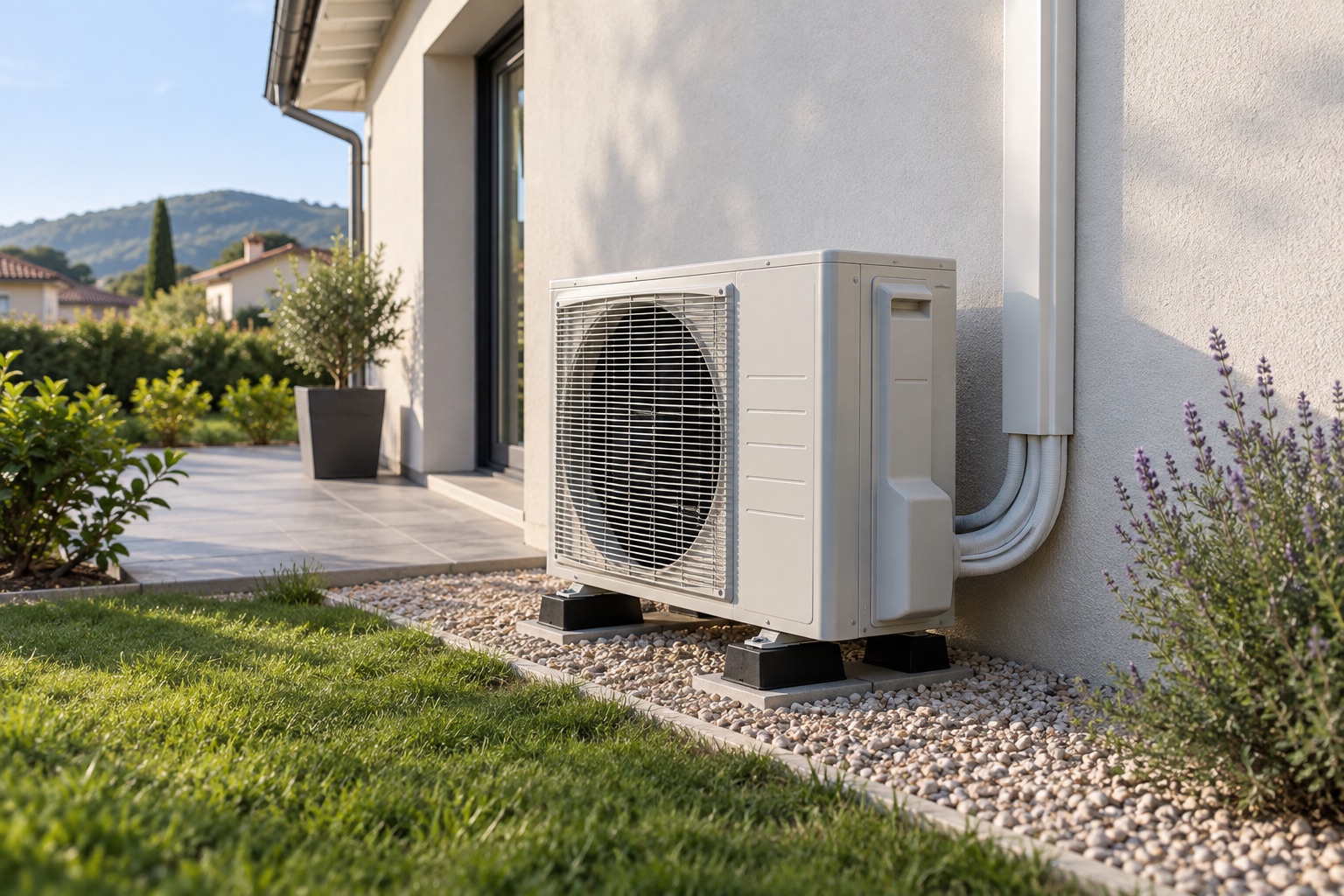 Groupe extérieur de pompe à chaleur air-air posé sur supports antivibratiles