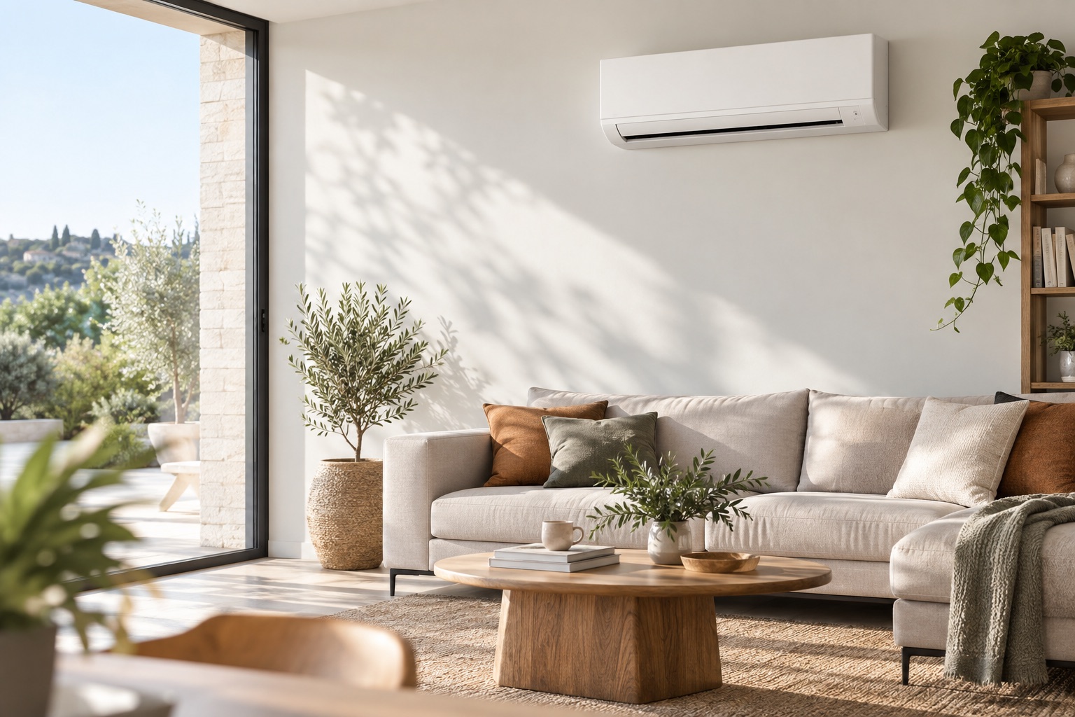 Unité intérieure de pompe à chaleur air-air dans un salon lumineux