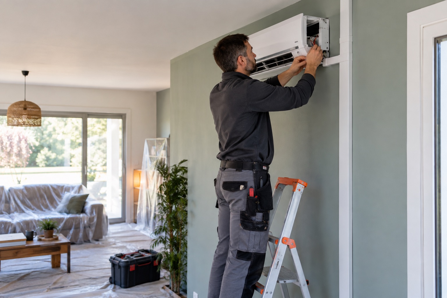 Installateur posant une unité intérieure de pompe à chaleur air-air